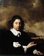 Pieter Cornelis Dommersen Self portrait against landscape background by Jan van Goyen oil painting artist